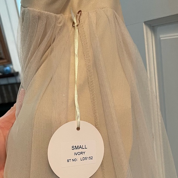 Long sheer ivory gown with lace bodice. - Picture 2 of 10